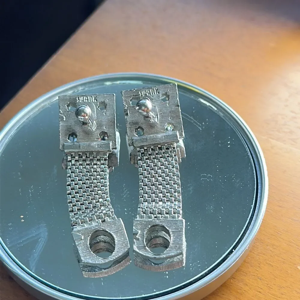 Vintage Swank silver tone mesh chain‎ cuff links with multi color rhinestone
